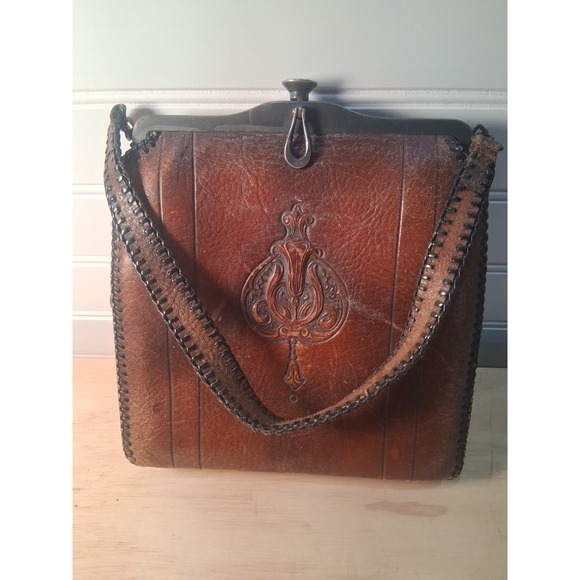 Handbags - Vintage Antique Floral Decorated Tooled Leather Arts & Crafts Style Purse